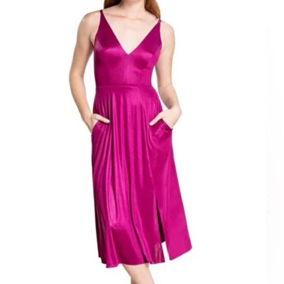 NEW Dress the Population Serafina Dress Fit Flare Midi Magenta Pink Pockets S - Picture 1 of 14